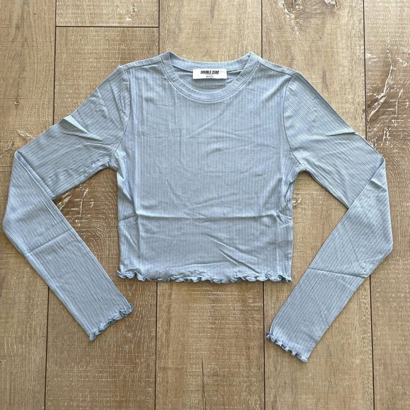 DOUBLE ZERO WOMENS SMOKEY BLUE LETTUCE EDGE LONG SLEEVE CROP TOP - NWT s m l - Picture 2 of 9